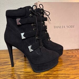 Thalia Sodi Sasha lace up platform dress booties black micro suede size 8.5 M